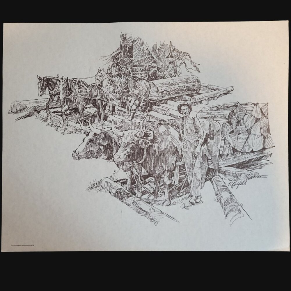 Vintage Oxen Horse Drawn Logging Scene Art Print Sketch by Cliff Hadfield 1978